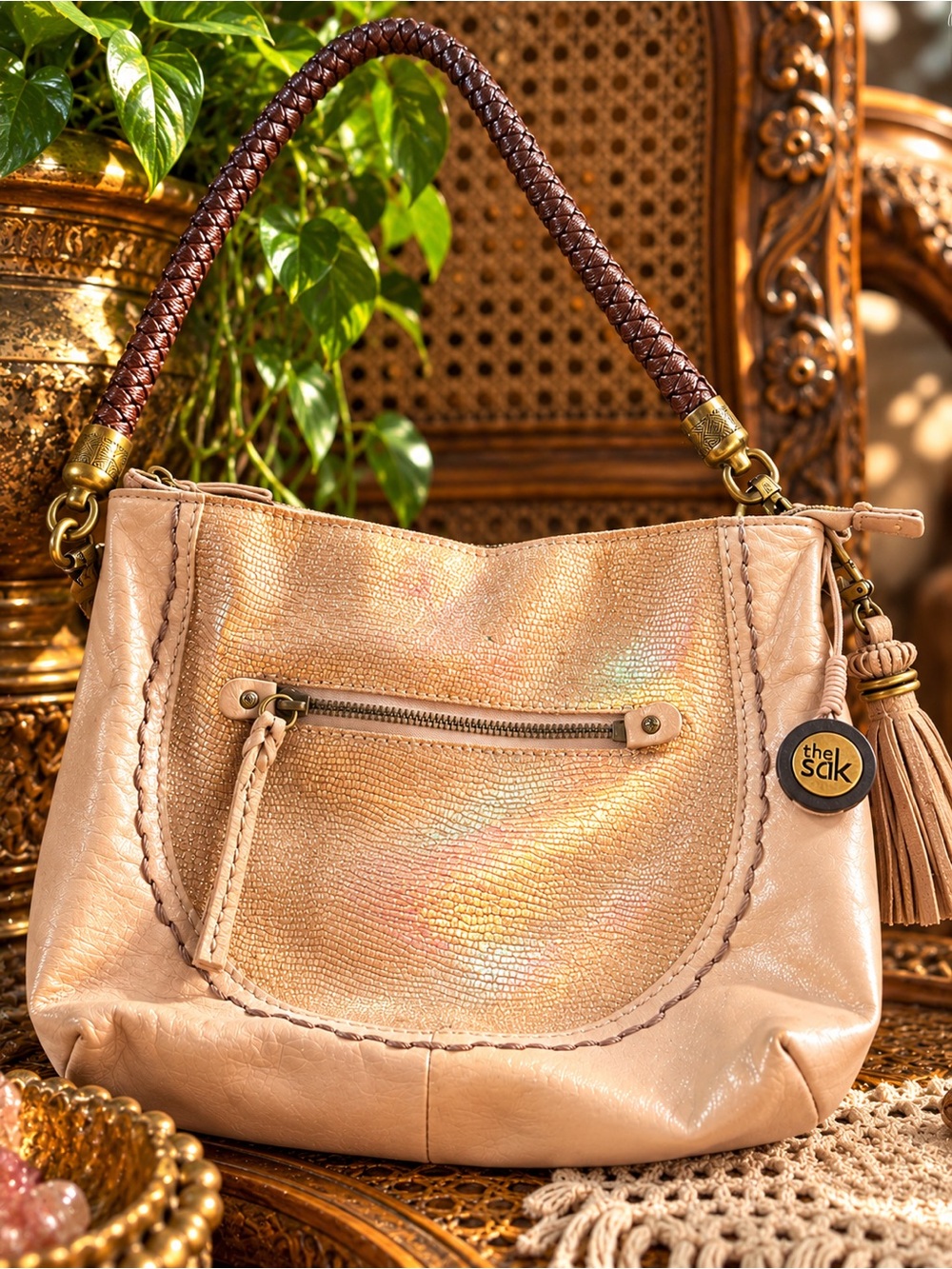 The Sak Iridescent Blush Leather Shoulder Bag with Braided Brown Handle